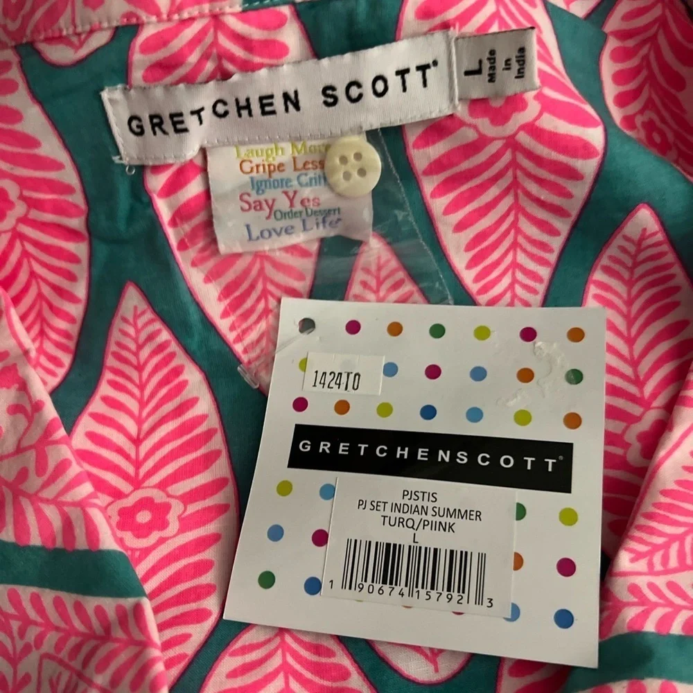 Gretchen Scott Pajamas Teal Pink Indian Summer PJ Set Large New $129 - Picture 4 of 8